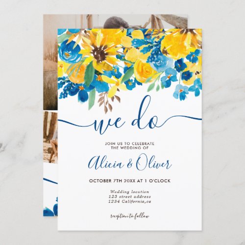 Rustic sunflowers floral photo initials wedding invitation