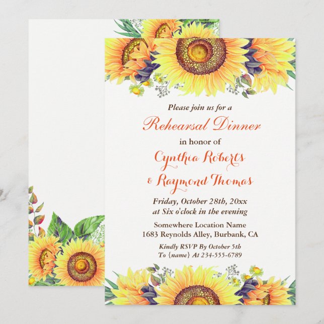 Rustic Sunflowers Floral Wedding Rehearsal Dinner Invitation (Front/Back)