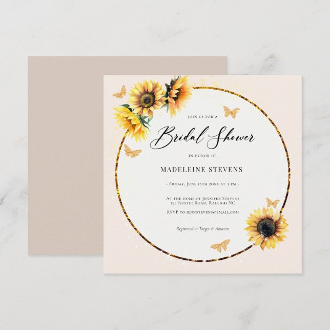 Rustic Sunflowers Gold Butterfy Boho Bridal Shower Invitation (Front/Back)