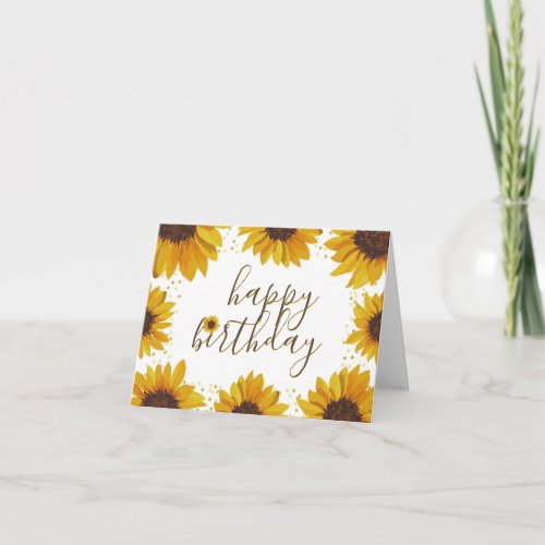 Rustic Sunflowers Gold Dots Happy Birthday Note Card