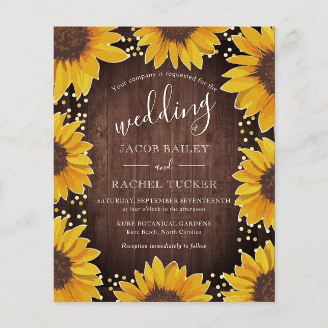 Rustic Sunflowers Gold Dots Wedding Invitation (Front)