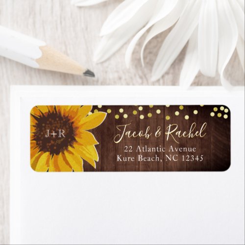 Rustic Sunflowers Gold Dots Wedding Return Address Label