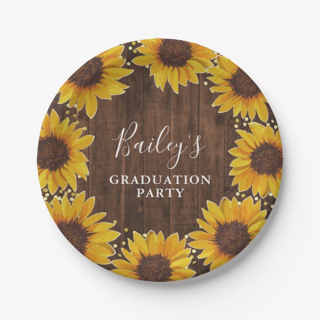 Rustic Sunflowers Gold Foil Dots Graduation Party Paper Plates (Front)