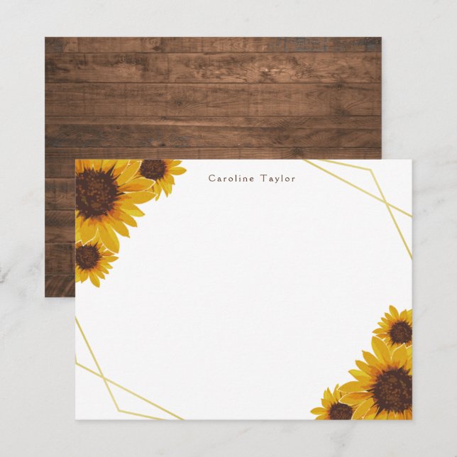 Rustic Sunflowers Gold Geometric Wood Personalized Note Card (Front/Back)