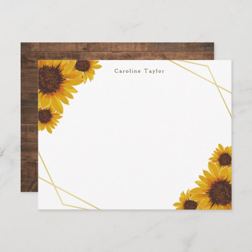Rustic Sunflowers Gold Geometric Wood Personalized Note Card