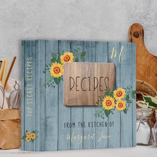 Rustic Sunflowers | Grandma monogram cookbook 3 Ring Binder (Creator Uploaded)