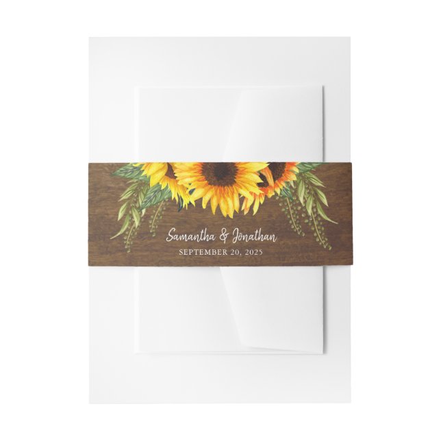Rustic Sunflowers Handwriting Calligraphy Wedding Invitation Belly Band (Front Example)