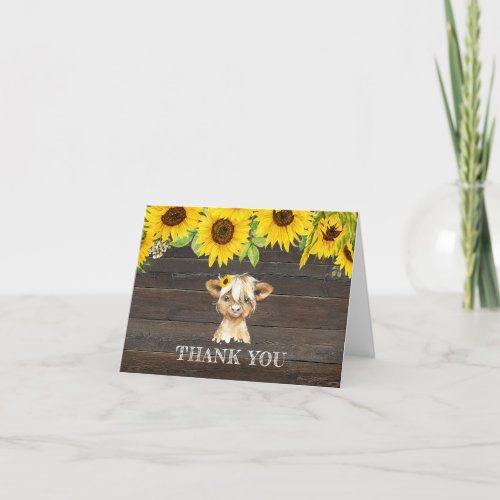 Rustic Sunflowers Highland Cow Baby Shower Thank You Card