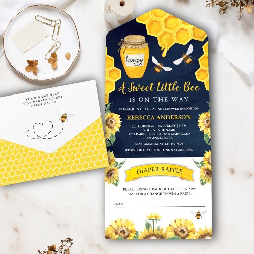 Rustic Sunflowers Honey Bee Navy Blue Baby Shower All In One Invitation