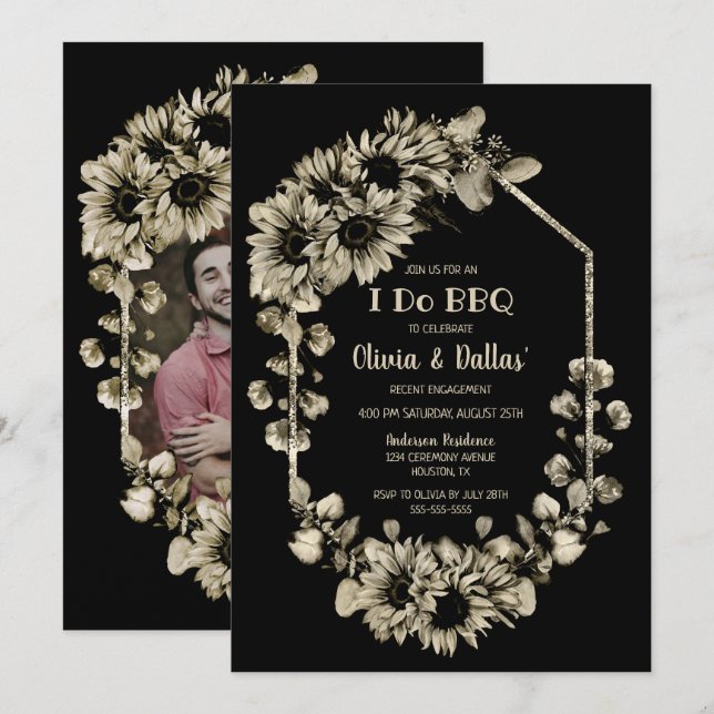 Rustic Sunflowers I Do BBQ Black Engagement Party Invitation (Front/Back)