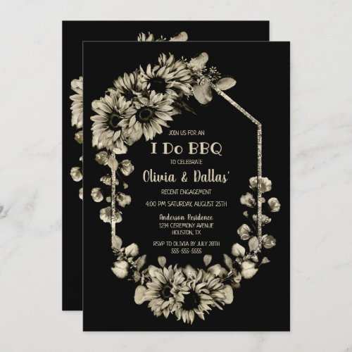 Rustic Sunflowers I Do BBQ Black Engagement Party Invitation