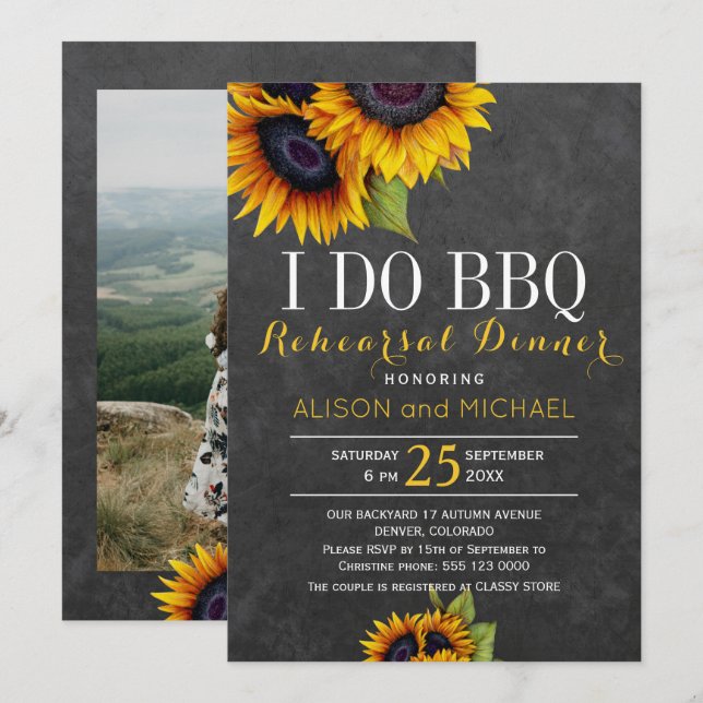 Rustic sunflowers i do bbq rehearsal dinner photo invitation (Front/Back)