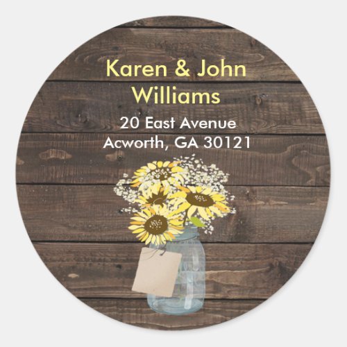 Rustic Sunflowers in Mason Jar Return Address Classic Round Sticker
