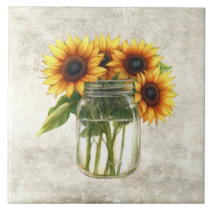 Rustic Sunflowers in Vintage Jar  Ceramic Tile