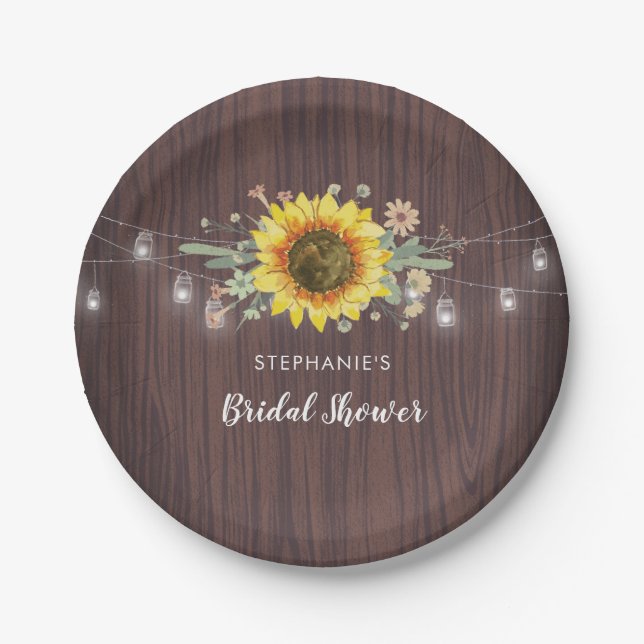 Rustic Sunflowers Jar Lights Wood Bridal Shower Paper Plates (Front)