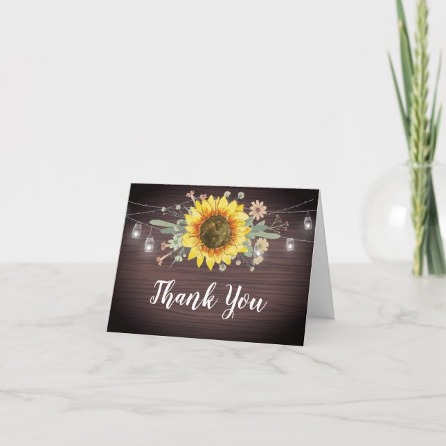 Rustic Sunflowers Jar Lights Wood Bridal Shower Thank You Card (Front)