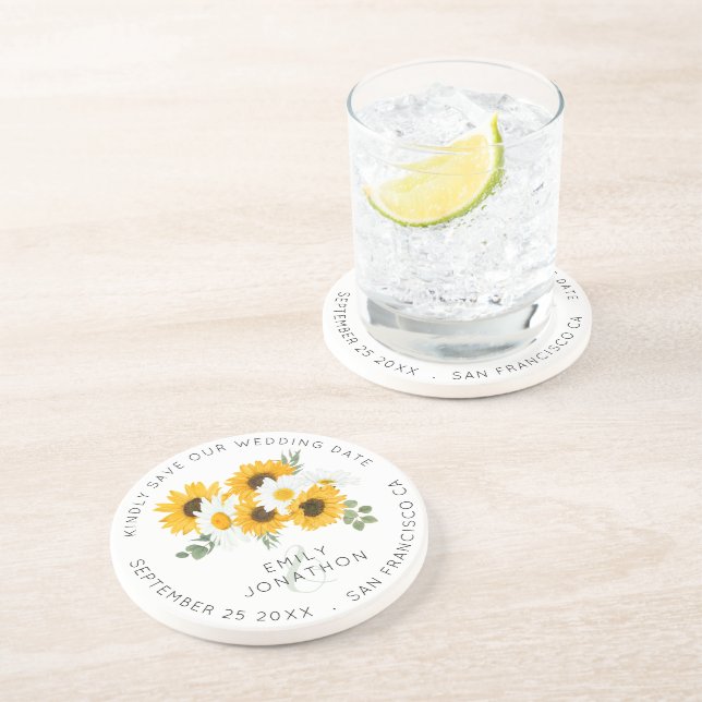 Rustic Sunflowers Keepsake Save The Date Coaster (Side)