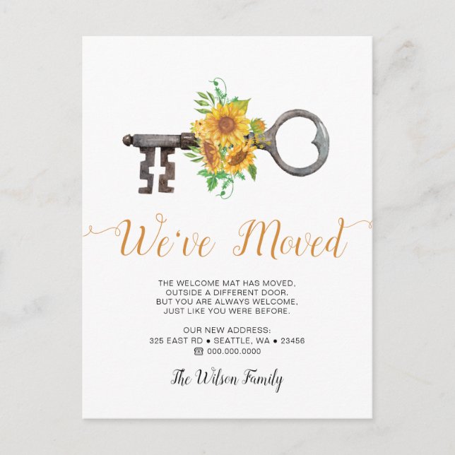 Rustic Sunflowers Key We Have Moved Moving  Announcement Postcard (Front)