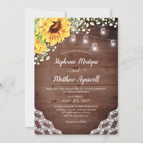 Rustic Sunflowers Lace Jar Lights Wedding Invitation