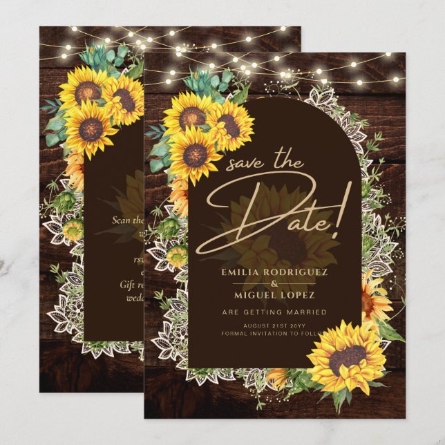 Rustic Sunflowers Lace Lights Arch Summer Wedding Invitation (Front/Back)