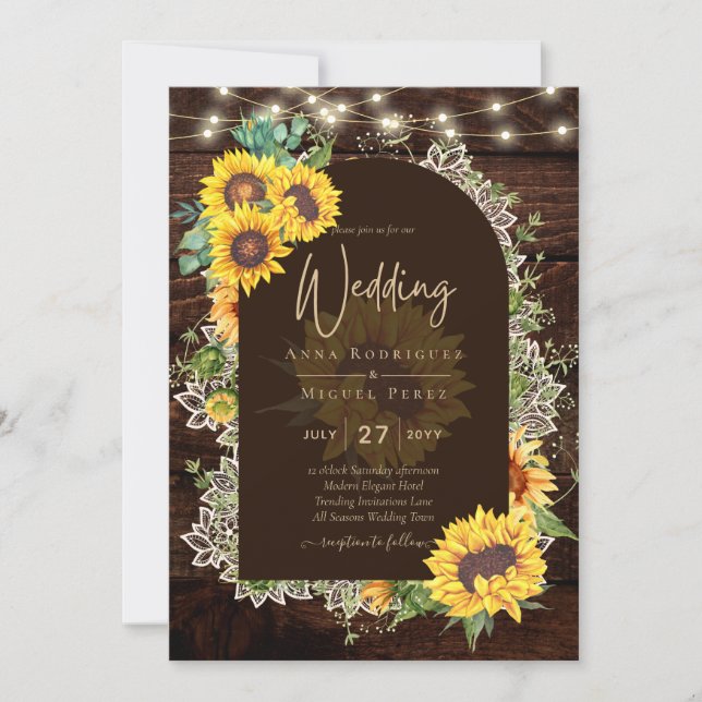 Rustic Sunflowers Lace Lights Arch Summer Wedding Invitation (Front)