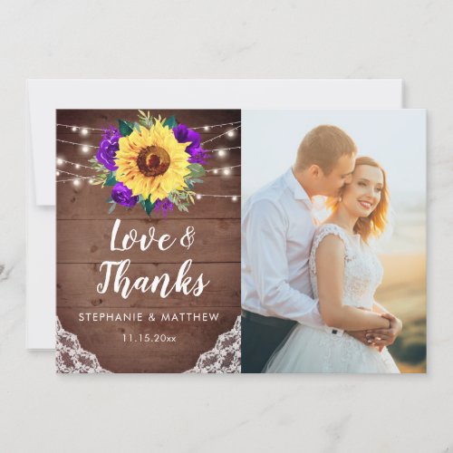 Rustic Sunflowers Lace Purple Floral Wedding Photo Thank You Card
