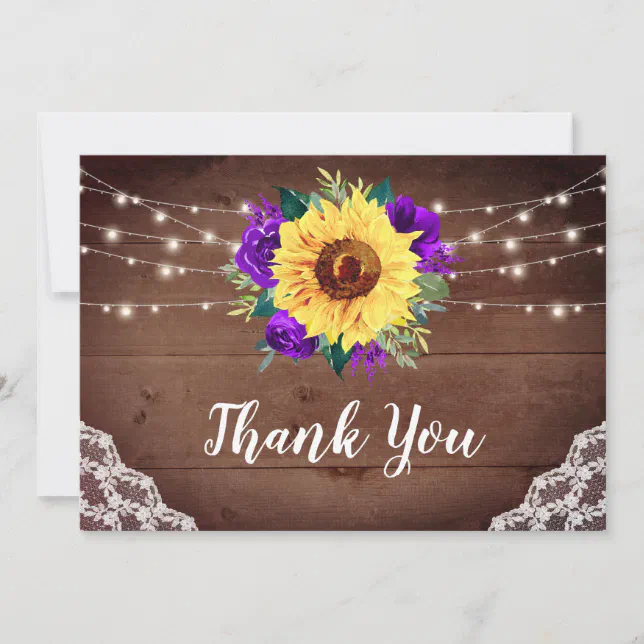 Rustic Sunflowers Lace Purple Floral Wood Wedding Thank You Card | Zazzle