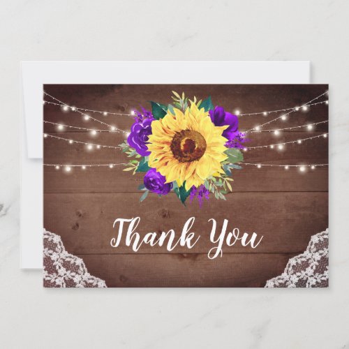 Rustic Sunflowers Lace Purple Floral Wood Wedding Thank You Card