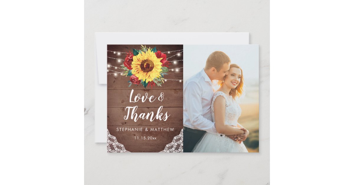 Rustic Sunflowers Lace Red Floral Wedding Photo Thank You Card | Zazzle
