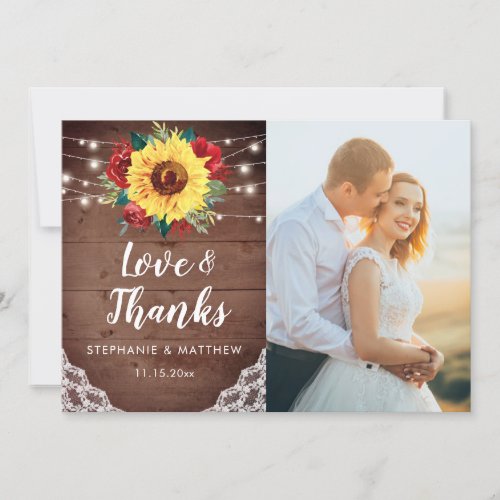 Rustic Sunflowers Lace Red Floral Wedding Photo Thank You Card