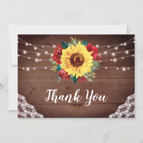 Rustic Sunflowers Lace Red Floral Wood Wedding Thank You Card