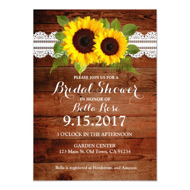Rustic Sunflowers Lace Wood Bridal Shower Invites