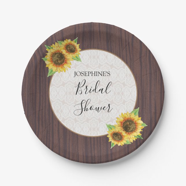 Rustic Sunflowers Lace Wood Bridal Shower Paper Plates (Front)