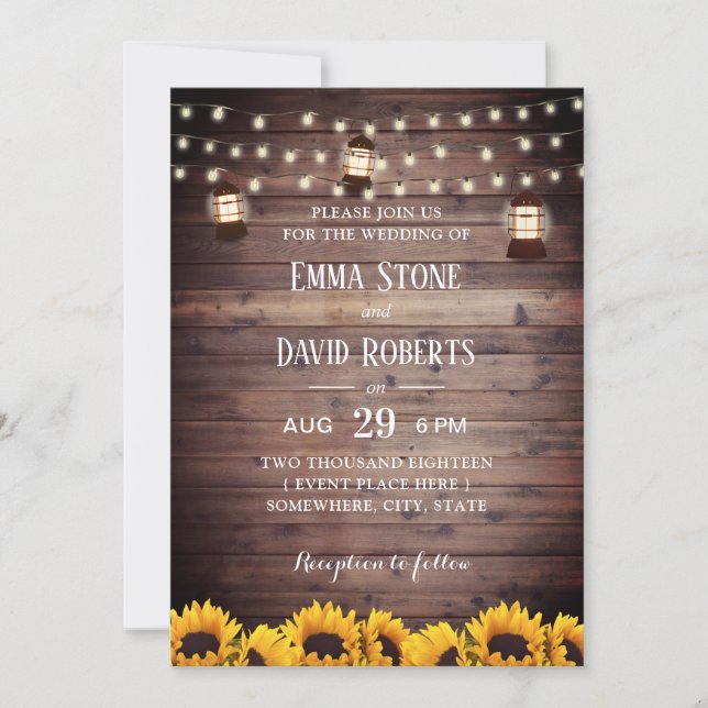 Rustic Sunflowers Lantern & String Lights Wedding Invitation (Front)