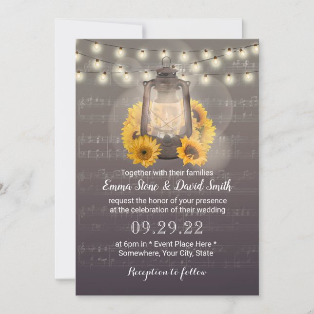 Rustic Sunflowers & Lantern Vintage Music Wedding Invitation (Front)