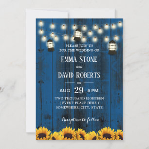 Rustic Sunflowers & Lanterns Blue Barn Wedding Invitation