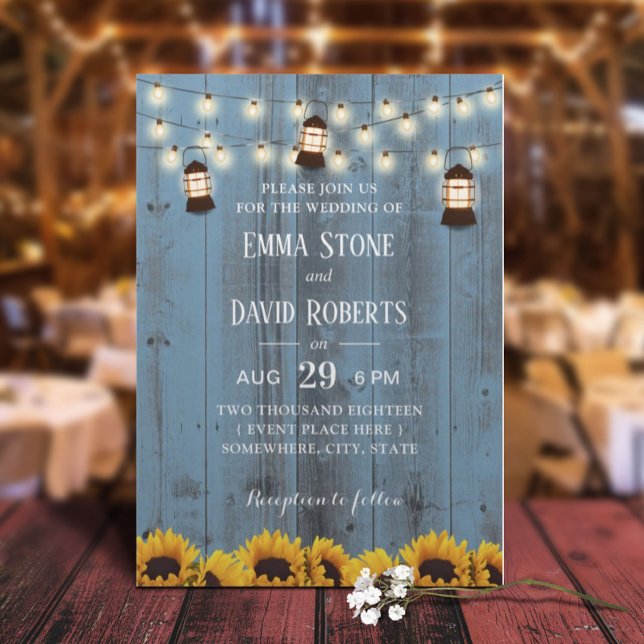 Rustic Sunflowers & Lanterns Dusty Blue Wedding  Invitation (Creator Uploaded)