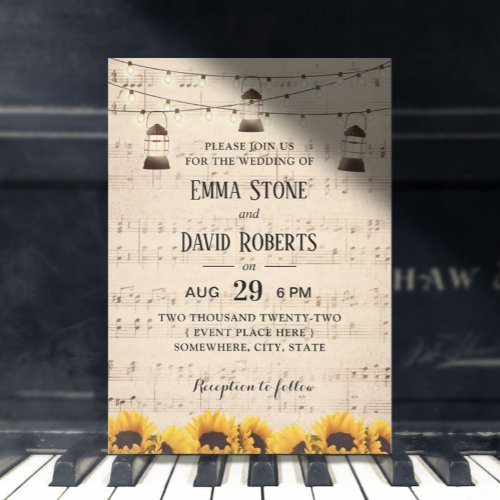 Rustic Sunflowers  Lanterns Musical Wedding Invitation