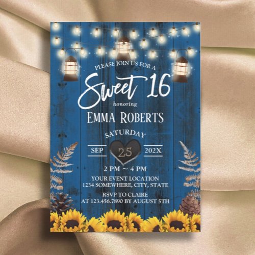 Rustic Sunflowers  Lanterns Navy Blue Sweet 16 Invitation