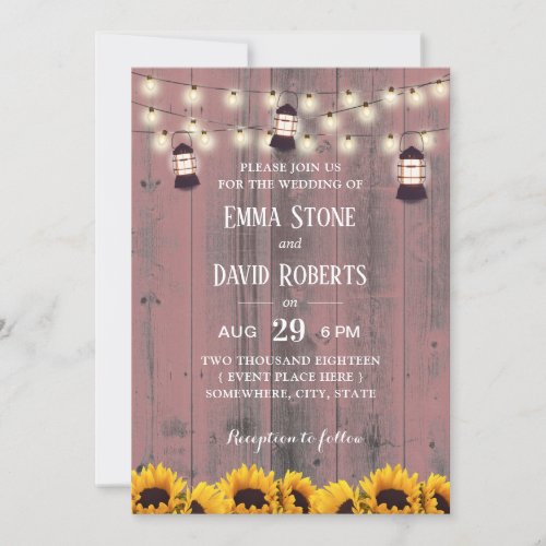 Rustic Sunflowers  Lanterns Pink Barn Wedding Invitation