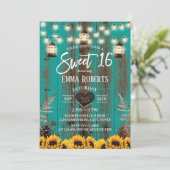 Rustic Sunflowers & Lanterns Teal Barn Sweet 16  Invitation (Standing Front)
