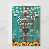 Rustic Sunflowers & Lanterns Teal Barn Sweet 16  Invitation (Front)