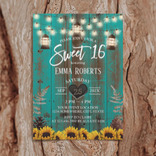 Rustic Sunflowers & Lanterns Teal Barn Sweet 16 Invitation