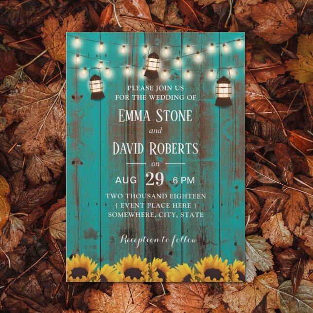 Rustic Sunflowers & Lanterns Teal Barn Wedding Invitation (Creator Uploaded)