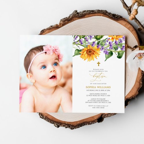 Rustic Sunflowers  Lavander Photo Baptism  Invitation