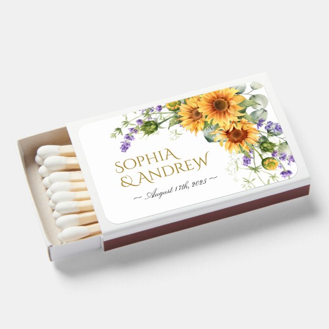 Rustic Sunflowers & Lavander Wedding Matchboxes (Front Open)