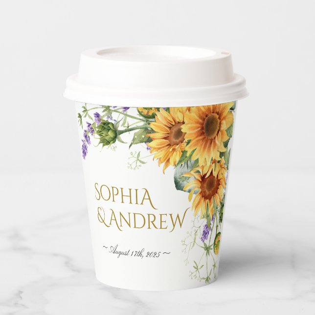 Rustic Sunflowers & Lavander Wedding Paper Cups (Front)