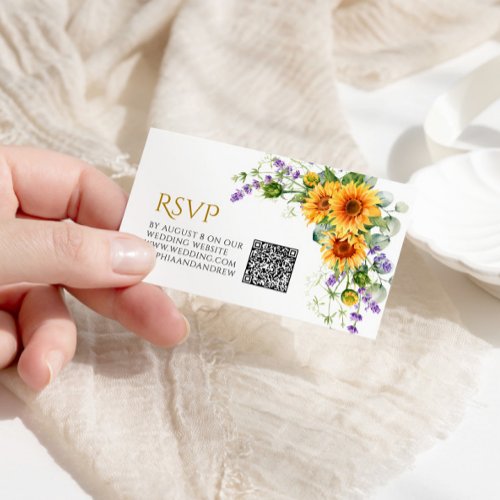 Rustic Sunflowers  Lavander Wedding QR Code RSVP Enclosure Card