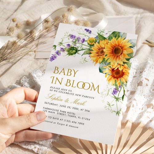 Rustic Sunflowers  Lavender Baby In Bloom Invite