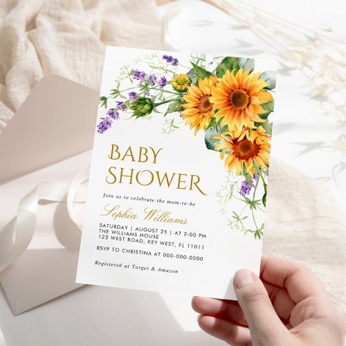 Rustic Sunflowers  Lavender Baby Shower Invitation